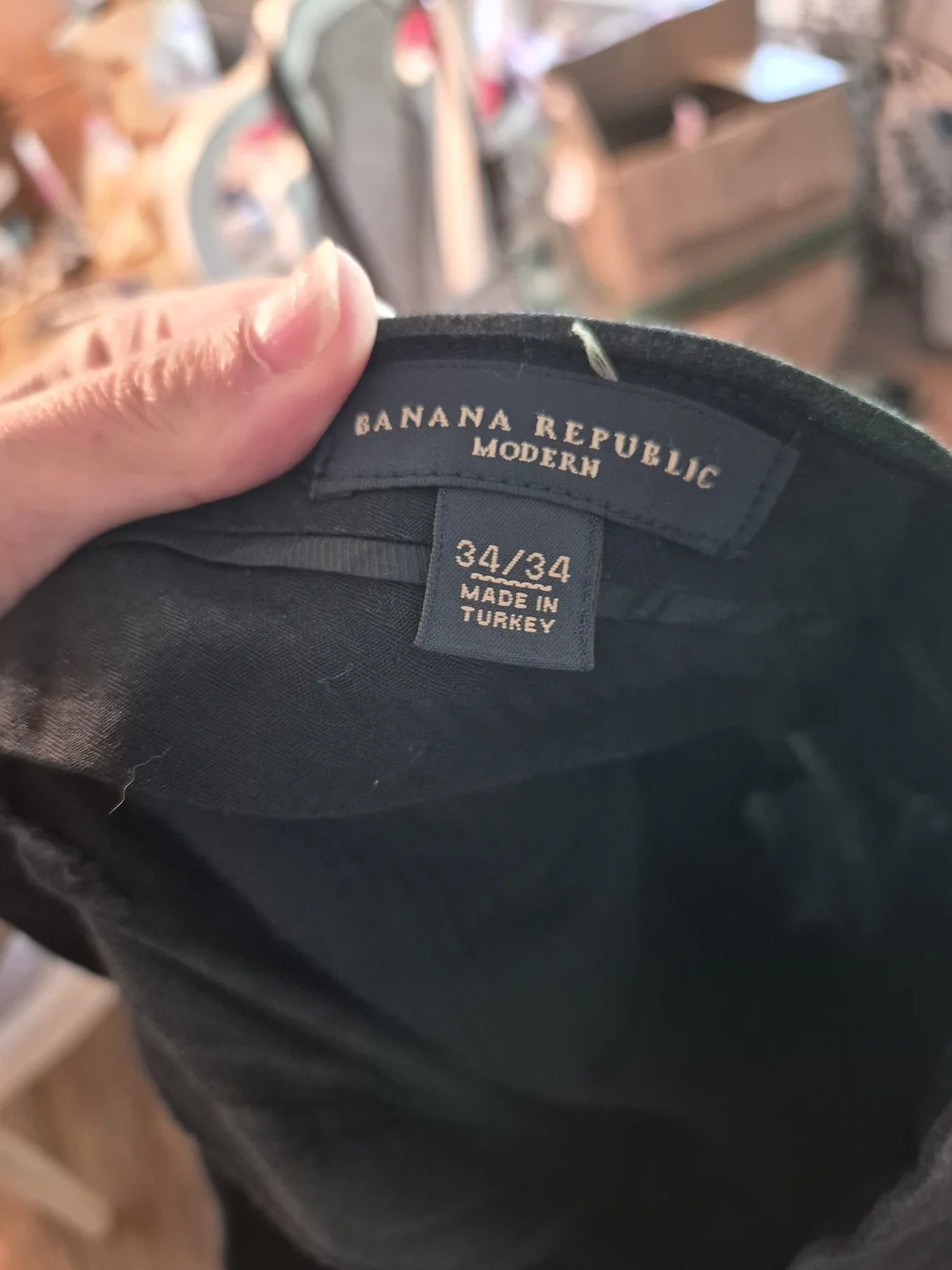 grey dress pants from Banana Republic, sized 34x34. These feature a classic flat